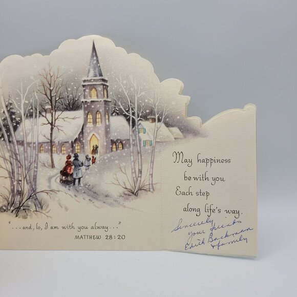 Vintage Christian Christmas Greeting Card Foldout Snow Churchyard Scene Made USA - Picture 5 of 8